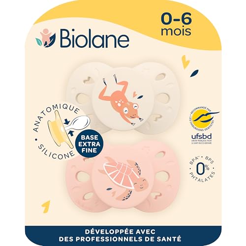 BIOLANE - Tétines anatomiques animaux - Sucettes extra-fines - 0 à 6 mois - Rose et beige - Téterelle plate et réversible- Confort optimal- Respect du...