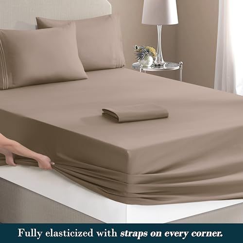 Image of Mocassi Luxury 4-Piece Sheet Set, Ultra Soft 1800 Premium Hotel Quality Microfiber Sheet Set, Fits Mattresses Up to 18 to 24 Inches Extra Deep Pocket - Breathable and Secure Fit, Twin, Taupe