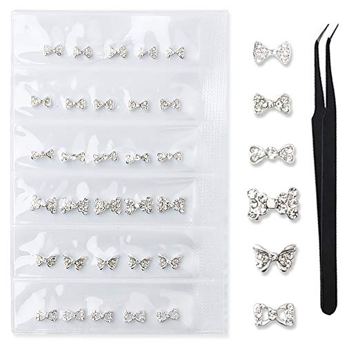 WOKOTO 30 Pcs 3D Nail Art Decoration Set Silver Bowknot Nail Studs Alloy Nail Rivets Fake Manicure Diamond Nail Jewelry Kit With 1Pc Tweezers