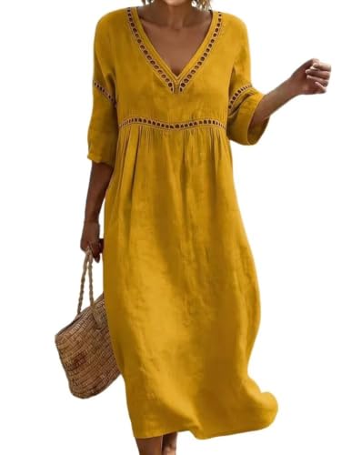 Robe lin femme été col V manches 3/4 style rétro casual