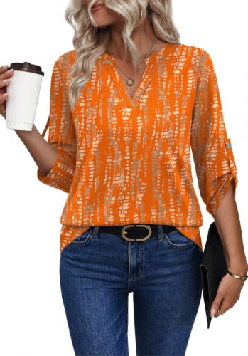 Image of XIEERDUO 3 /4 Length Sleeve Womens Tops V Neck T Shirts Both Side Buttons Blouses Business Casual Outfits Loose Fit