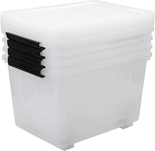 Miniatura 7 de Paquete de 4 cajas de almacenamiento de plástico transparente grande con ruedas, caja de almacenamiento con pestillo de 70 L
