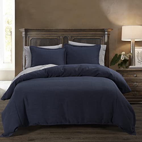H Hiend Accents Camden Nubby Blue 3 Piece Duvet Cover Set With Pillow Shams, Super King Size, Linen Navy Solid Color Bed Set, Classic Traditional Style Bedding, 1 Comforter Cover And 2 Pillowcases #TOP30