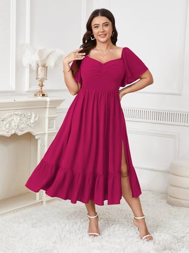 Image of SCOMCHIC Womens Plus Size Wedding Guest Cocktail Dresses Sweetheart Neckline Short Sleeve Smocked Ruffle Slit Maxi Dress