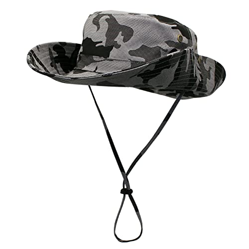 Damen Herren Outdoor Sonnenschutz Bucket Hut Fischerhut Baumwolle Two Way to Wear für Kopfumfang 55-62 cm Grau Camouflage