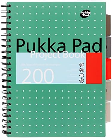 Pukka Pad, 5-Subject A4+ Project Book 3-Pack with Repositionable Dividers - 200 Pages of 80GSM Paper with 8mm Lines and Perforated Edges - Metallic Green  29.7 x 23cm
