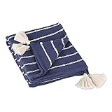 DII Striped Throw Collection Cotton Slub, Hand-Tied Tassels, 50x70, French Blue & Off-White