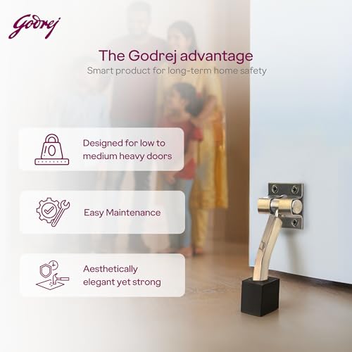 Image of Godrej Door Fittings | Door Stopper for Home with Rubber (Pack of 2, Antique Brass) | Rubber Stopper with Click Action | 180 Swing Control | Heavy Duty Stopper for Home, Office & Hotel