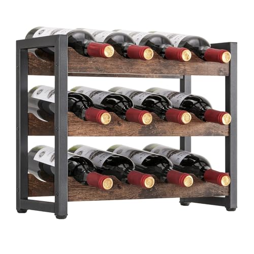 Wine Racks Countertop – Wine Holder Small Shelf for Cabinet – 12 Bottles Storage Organizer – Wooden and Metal 3 Tier Freestanding Wine Rack Décor for Pantry Home Tabletop Cabinet Bar Counter