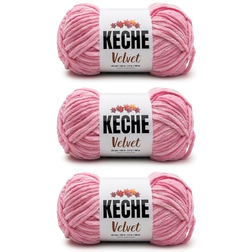 Image of Keche Velvet Yarn for Crocheting, Soft Chenille Bulky Baby Blanket Amigurumi Yarn 100 gr (132 yds) 3 Skeins - Powder Pink