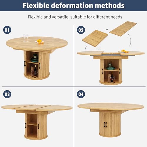 Gxffipw Extendable Dining Table Kitchen Table for 4-6 People, Minimalist Round Dining Tables with Storage and Door, Kitchen Furniture with Shelve, Extends to Oval, Light Brown, 118-158x118x76.8 cm - Image 7