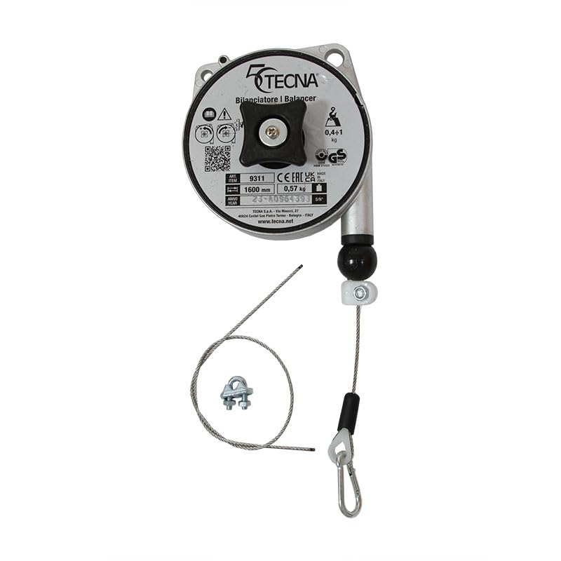 TECNA 9311 Federzug-Balancer – Tragkraft 0,4–1 kg, Seillänge 1600 mm – Aluminiumgehäuse & Edelstahlseil – Werkzeugaufhängung für Werkstatt & Industrie – ergonomisch & langlebig