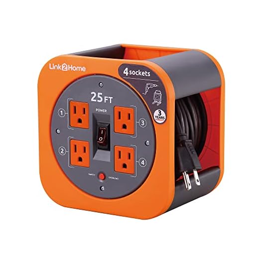 Link2Home Cord Reel 25 ft. Extension Cord 4 Power Outlets - 16 AWG SJT Cable, Orange