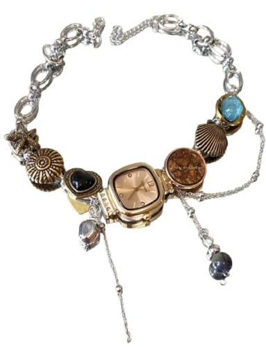 Vintage Watch Necklace with Gemstones, Seashell Charm, Gold-tone and Silver-tone Chain, Decorative Pendants