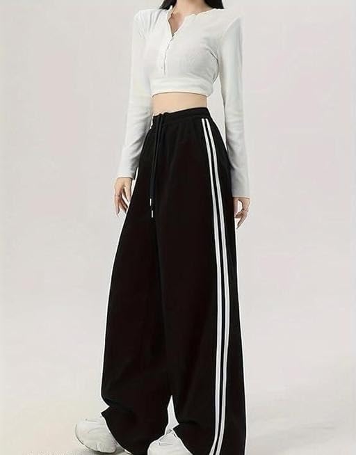 Image of Women's Wide Leg Track Pants High Waisted Baggy Sweatpants with Side Stripe Casual Athleisure Lounge Trousers