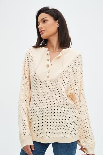 Image of EZAPINE Women's Oversized Crochet Sweater Pullover Drawstring Long Sleeve Button Hollow Out Knit Crochet Top Blouses