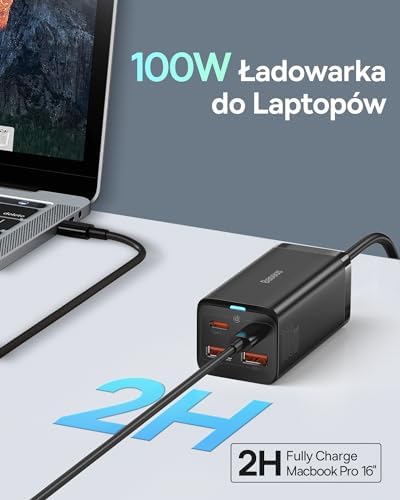 Baseus Ładowarka USB C 100 W PD GaN III, 4-portowa, szybka, kompaktowa, z kablem AC 1,5 m, zasilacz do Mac-Book Pro 16", Mac-Book Air, iPad Pro, Steam Deck, Galaxy S23, Note 20, iPhone 15/14/13/12