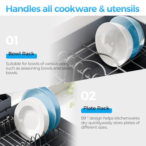 Image of Favria Dish Drying Rack - Space-Saving Dish Rack for Kitchen Counter, Anti Rust Kitchen Drying Rack, Compact Dish Drainer Organizer with Utensils Holder (47 x 32 x 16 cm) (Stainless Steel Grey)