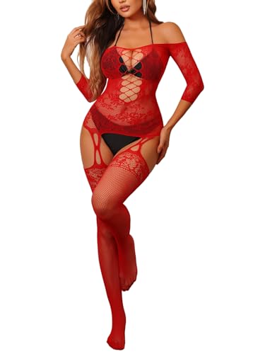 Buitifo Femmes Bas de Lingerie Sexy Bodystocking Fishnet Bodys Nuisettes collant(Rouge 08jcn,Taille unique)