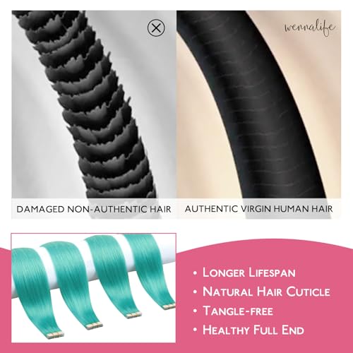 Image of WENNALIFE Tape in Hair Extensions Human Hair, Teal Green 10pcs 30g 20 inch Remy Invisible Tape Ins Straight Colored Soft Real Human Hair Refill Set Extensions