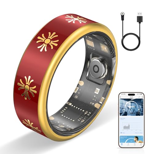 Image of Smart Ring for Women & Men, Fitness Tracker Ring with Sleep Monitoring, Heart Rate & Blood Oxygen Tracking, IP68 Waterproof, Bluetooth Health Ring, No Subscription (Red, 7)