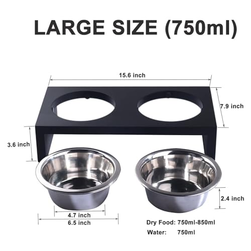 Pawise Elevated Dog Bowls, Raised Cat Feeder Elevated Food and Water Bowls Stand with 2 Stainless Steel Bowls and Anti Slip Feet, Wooden Frame Pet Feeder 750ml