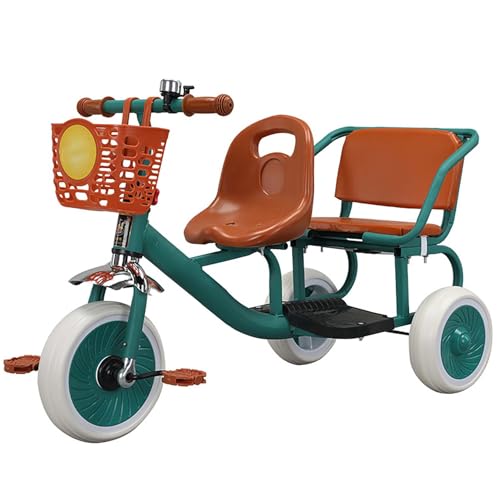 Green,JIYIAN Double Children's Tricycle Twin Stroller Two Seater Bicycle Outdoor Three Wheel Toddler Travel Cart for Boys and Girls Gifts