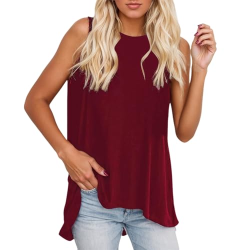 Camiseta sin mangas para mujer, cuello redondo, elegante túnica oscilante, dobladillo asimétrico, ropa casual moderna para mujer, rojo, M