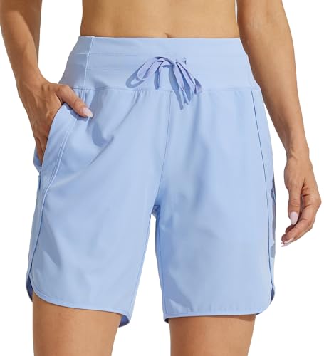 Willit Women's 7" Athletic Running Long Shorts Workout Hiking Shorts Quick Dry High Waisted Active Zipper Pocket Light Blue XL by Willit - Used condition - Image 3