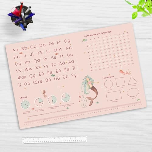 Sous-main pour bureau pour enfants – Tapis d’apprentissage en français pour la rentrée scolaire avec un design de sirène ABC, 1x1, heures – 60 x 40 cm – en...