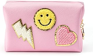 PANTIDE Preppy Patch Small Toiletry Bag Smile Lightning Heart PU Leather Portable Waterproof Makeup Cosmetic Bag Daily Use Storage Purse Travel Organizer Compliant Bag for Women Girls Gift (Pink)