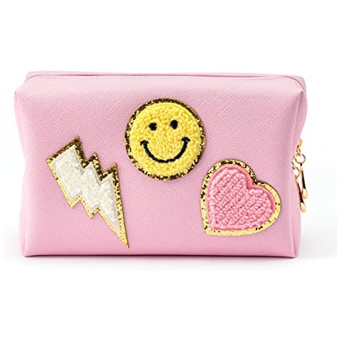PANTIDE Preppy Patch Small Toiletry Bag Smile Lightning Heart PU Leather Portable Waterproof Makeup Cosmetic Bag Daily Use Storage Purse Travel Organizer Compliant Bag for Women Girls Gift (Pink) Cover