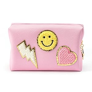 LieToi Preppy Patch Small Toiletry Bag Smile Lightning Heart PU Leather Portable Waterproof Makeup Cosmetic Bag Daily…