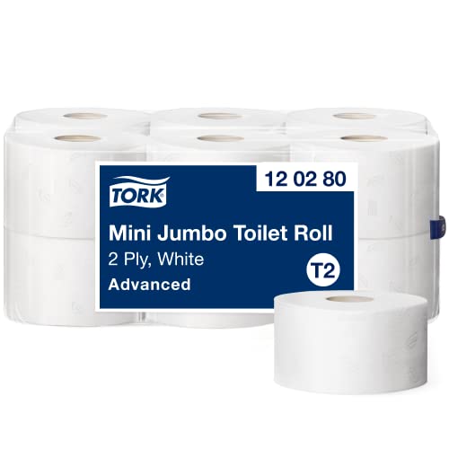 Tork 120280 Papier toilette Mini Jumbo Advanced - Blanc - 2 plis - lot de 12 rouleaux - 12 x 850 feuilles