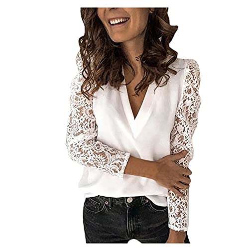 UYVBIAA Spitze Bluse Damen Elegant Rundkragen Halbhoher Kragen Oberteile Damen Einfarbig Freizeit Lose Mesh Lace Langarmshirt Cover