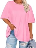 rosemia Plus Size Tshirts for Women Oversized Casual Tees Crewneck Short Sleeves Blouses, Pink Color, 3X-Large