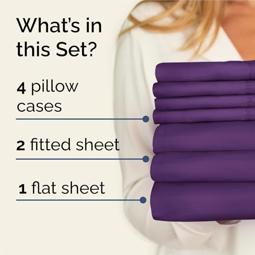 Image of Split King 7 Piece Bed Sheet Set - Comfy, Breathable & Cooling - Purple | Ultra-Soft Hotel Luxury Bedding Set w / 8-16 Inch Deep Pockets, 1 Flat & 2 Fitted Sheet & 4 Pillowcases, Wrinkle & Fade Free