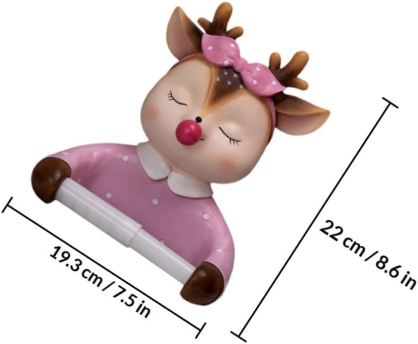 Cartoon Toilet Paper Holder Wall-Mounted Tissue Rack Decorative Bathroom Storage Shelf Cute Deer Design No-Drill Installation