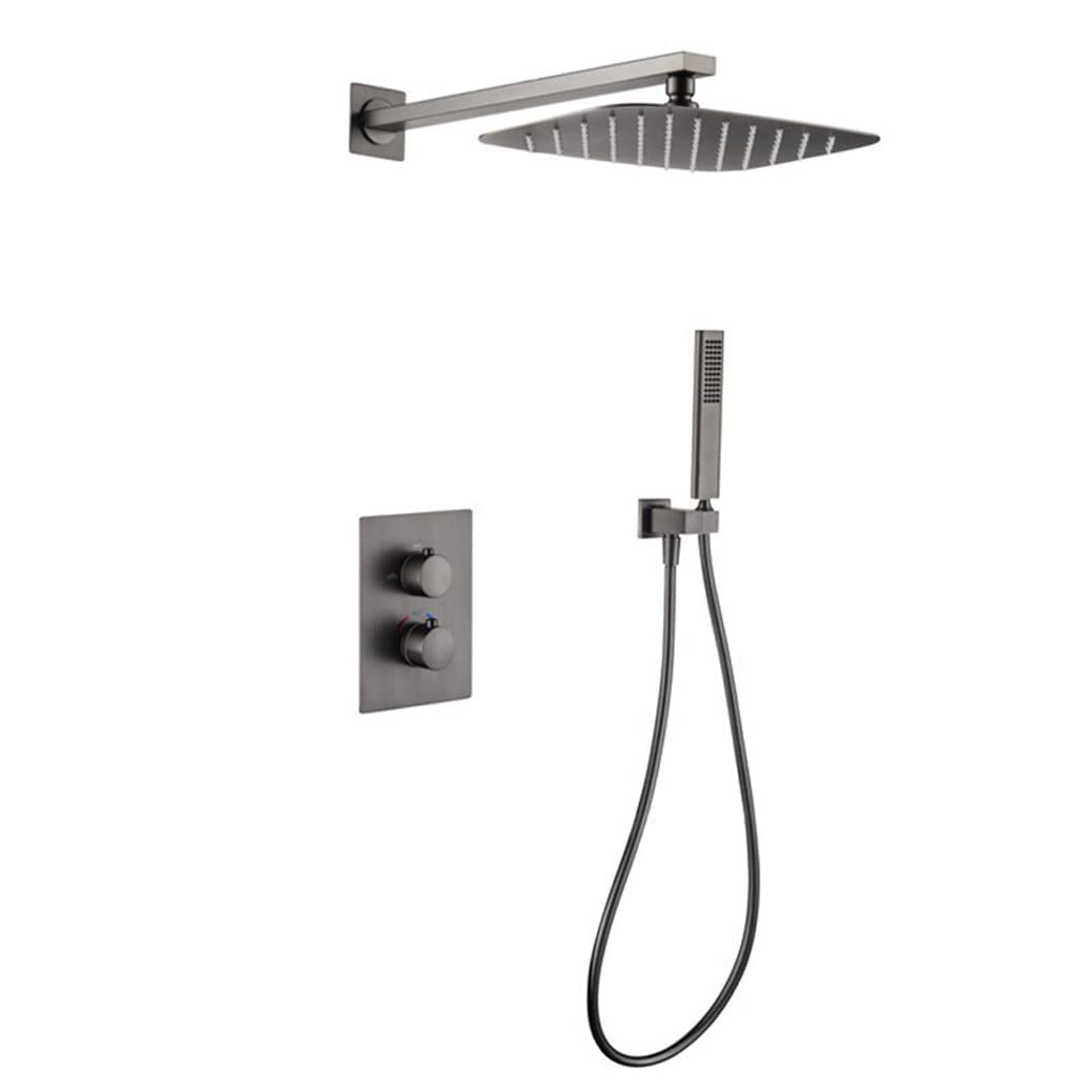 QUSYZD Wall Mounted Grey Thermostatic Concealed Bathroom Rain Mixer Shower Taps Set with 10 * 8 Inch Rainfall Shower Head and Handheld Shower, Luxury Shower Set,A,A,A