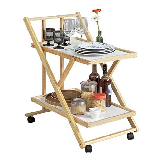 SoBuy FKW52-WN,Camarera Plegable para Bebidas,con 2 Bandejas y 4 Ruedas,ES