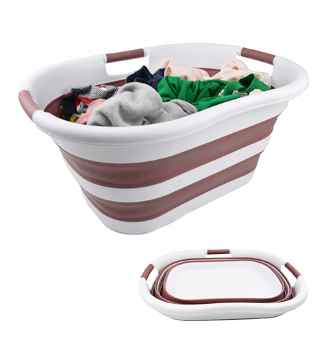 SAMMART 40L Collapsible Plastic Laundry Basket - Foldable Pop Up Storage Container/Organizer - Portable Washing Tub - Space Saving Hamper/Basket (1, White/Dusky Pink)