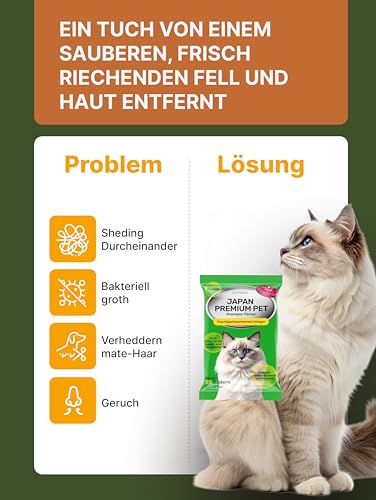 Japan Premium Pet Katzenshampoo Handtuch | Reinigungstücher, die wie Trockenshampoo für Katzen wirken | Reinigen & desodorieren mit unserem Katzenhandtuch mit Kollagen & Plazenta| 25 St | (30 x 20 cm)