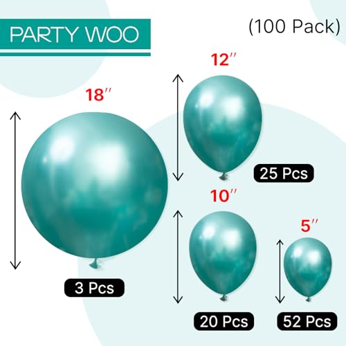 Image of PartyWoo Metallic Green Balloons 100pcs Different Sizes of 18 12 10 5 Inch Chrome Green Latex Balloons for Graduation Jungle Dinosaur Forest Baby Shower Birthday Party Decorations Green-G103