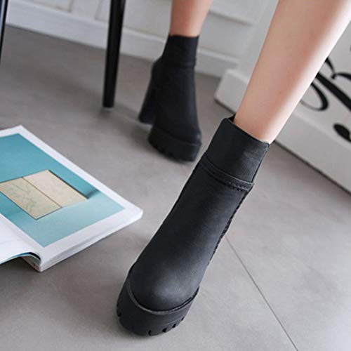 VOKLIN Women's Platform High Heeled Ankle Boots Round Toe Chelsea Waterproof Elastic Dressy Short Booties3