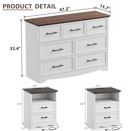 Image of Bedroom Set, 3 Pieces Bedroom Furniture Set, Wood 7 Drawer Dresser and Nightstands with Charging Station, Farmhouse Storage Organizer Cabinet for Bedroom, White