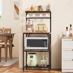 Korfile Kitchen Bakers Rack with Storage Shelves, Small Coffee Bar Cart with 8 Hooks, 4 Tiers Microwave Stand Station with Adjustable Shelves, Freestanding Kitchen Appliance Organizer, Rustic Brown