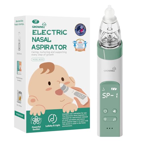Image of GROWNSY Nasal Aspirator for Baby, Electric Nose Aspirator for Toddler, Baby Nose Sucker, Automatic Nose Cleaner with 3 Silicone Tips, Adjustable Suctions, Music and Light Soothing Function (Green)