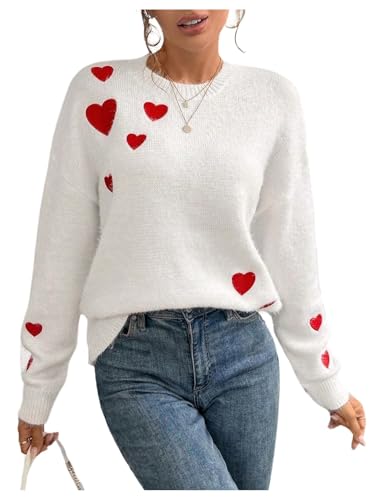 GORGLITTER Women's Heart Embroidery Fall Sweaters Crew Neck Long Sleeve Knitwear Fuzzy Valentines Tops Red and White Small