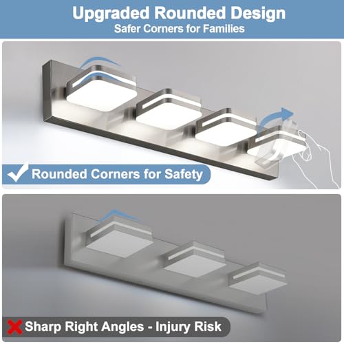 Image of Torondo 360 Rotate LED Bathroom Vanity Light Fixtures, Acrylic Vanity Lights for Bathroom, Modern Wall Lighting Fixtures Over Mirror Living, Brushed Nickel, Natural White, 4-Light, 27-Inch