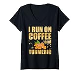 Corro en café y cúrcuma Mujer Cúrcuma Curcumina Planta Té Polvo Especias Bebida Camiseta Cuello V